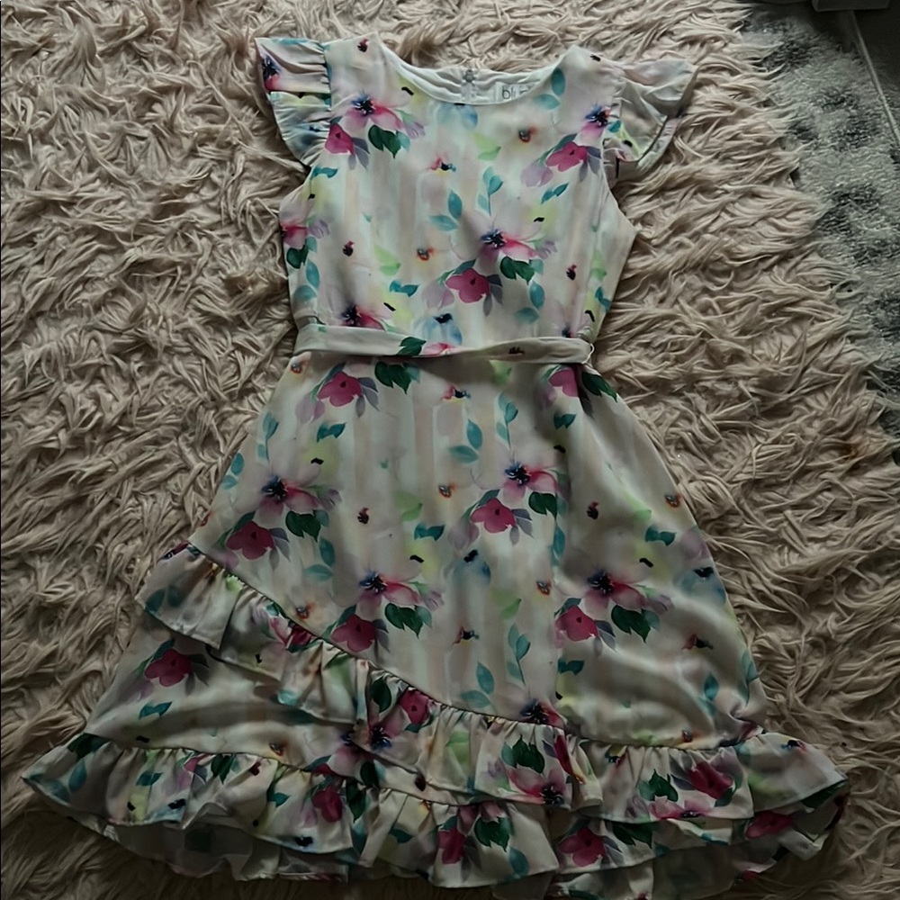 Formal Blush Ruffle Dress in Pink and White Stripes with a Floral Design & Bow